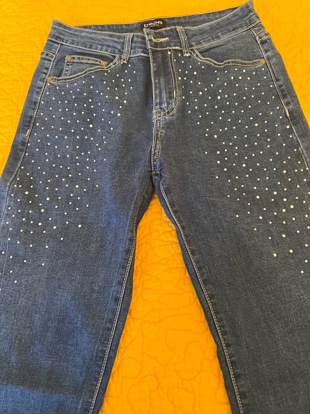 bebe Blue Denim Jeans with Tan Stitching